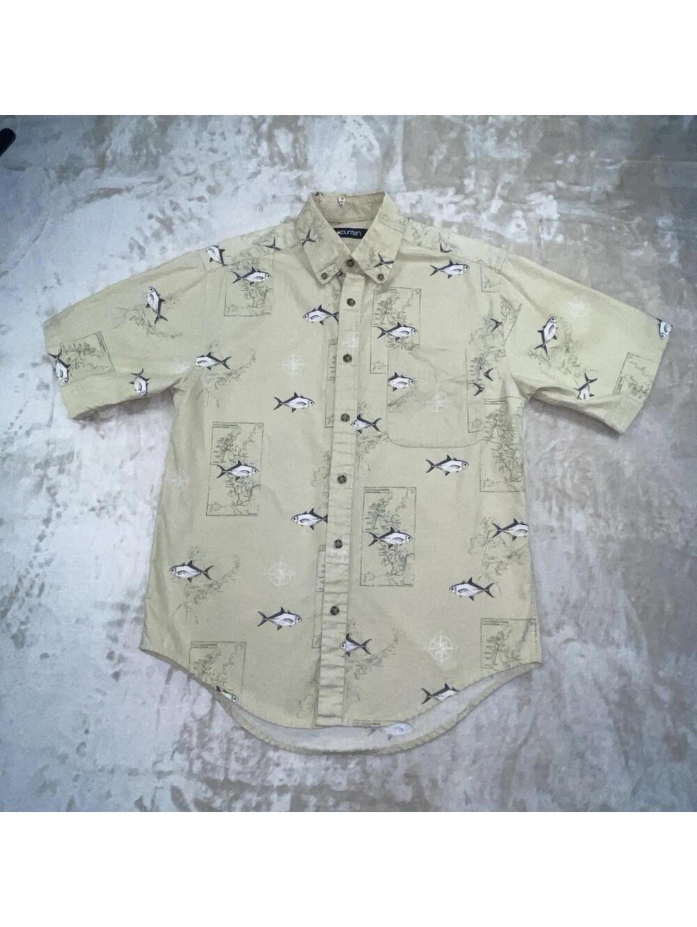 VTG Puritan Shirt, Men’s Size S Yellow/Green Short Sleeve Button Down Fish Print